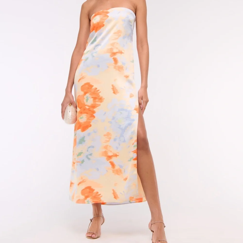 Abercrombie & Fitch Strapless Maxi Dress in Peach, Orange, Light Blue